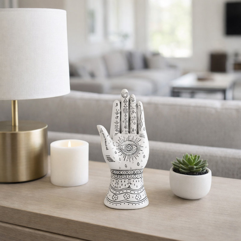 Artistic Resin Hand Statue with Tattoo Style for Home Decor - Decorative Sculpture Object Accent for Office Styling or Living Room Display - White