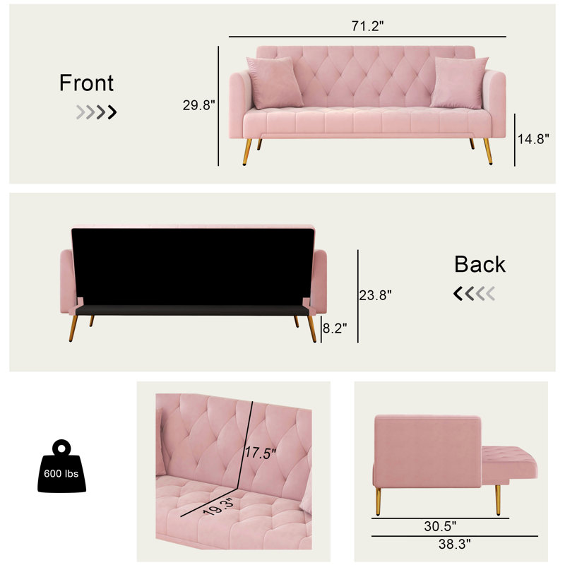 Canapé-lit pliant en velours 71,2 po Linndale, Rose