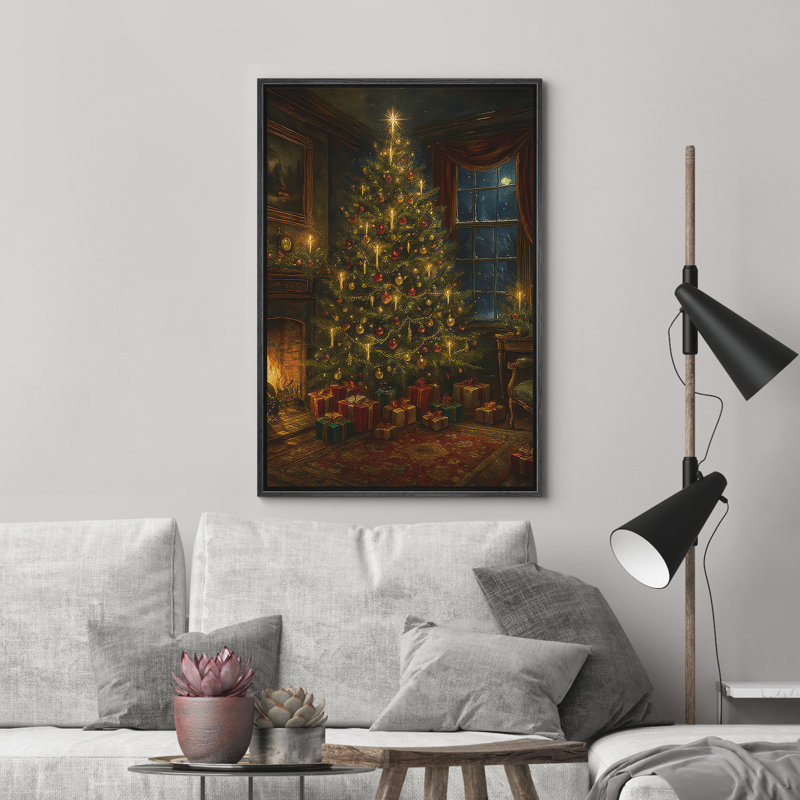 «Christmas Tree with Candlelight and Presents in Cozy Night Room», reproduction d'art sur toile encadrée dans la chambre principale