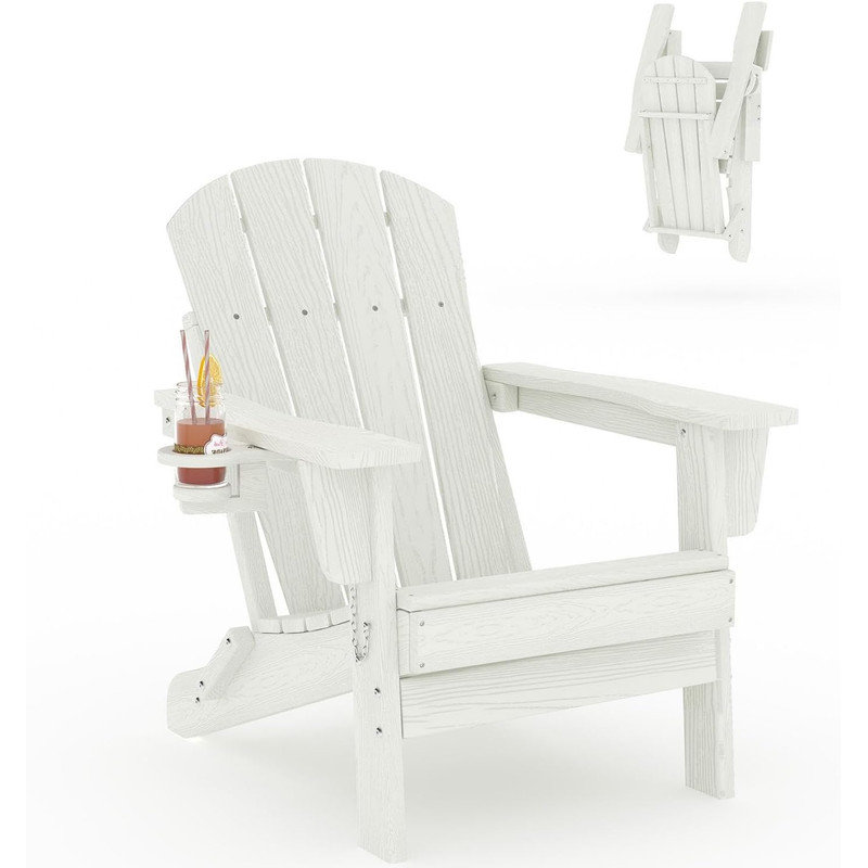  Folding HDPE Adirondack Chair with Cup Holder, Wood-Grain Texture, All-Weather Outdoor Patio Seating for Decks, Gardens, Fire Pit