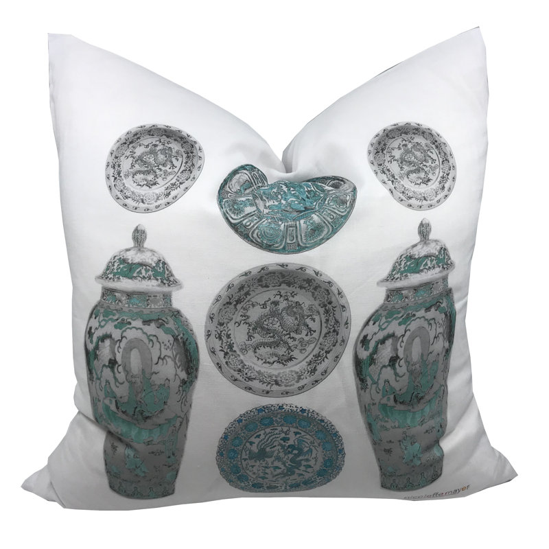 Chinois Ceramic Square Pillow Cover & Insert, Teal/Gray