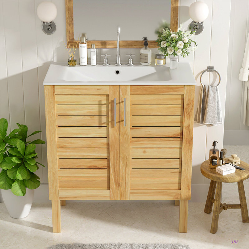 Meuble-lavabo antique de 30 po avec lavabo en céramique, meuble-lavabo moderne Mid-Century avec 2 portes à fermeture en douceur et grand espace de rangement, ensemble de meuble-lavabo simple autoportant rétro