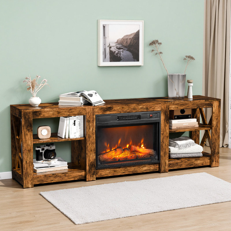 Farmhouse 70'' TV Stand For Tvs Up To 70'' With 23'' Electric Fireplace And Adjustable Shelves, Brown