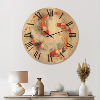 Nature Printed Wood Wall Clock – Koi Fish in Calm Circular Motion