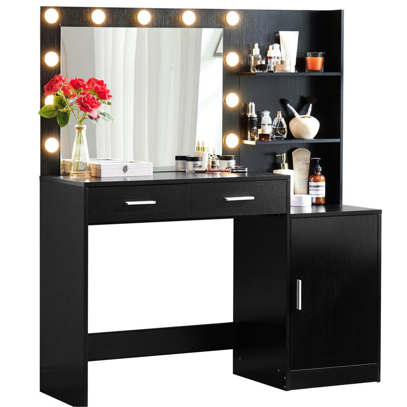 Vanity Desk With Mirror And Lights, 46.4in Dressing Table, 2 Large Drawers & Mesmerizing Vertical Organizer, 3 Level Dresser, Lighting Modes Adjustable Brightness For Bedroom