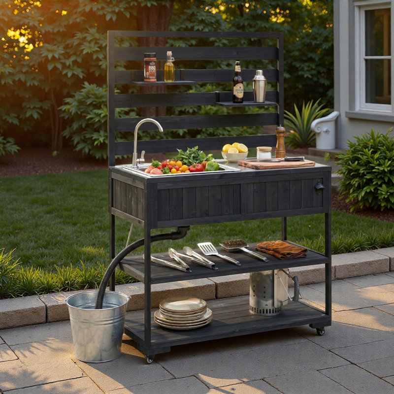 Chariot de cuisine 41,7 po en bois massif avec évier et banc de jardin avec plateau en acier inoxydable 41,7 po, Noir