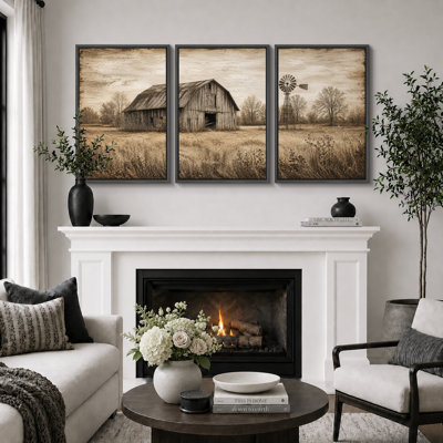Vintage Rustic Barn Windmill Artwork, Farmhouse Room Pictures, Framed Canvas Giclee Print 3 Pieces Wall Art