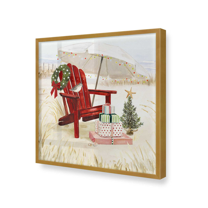 Imprimé de détente des fêtes côtières, H 13,75 po x l 13,75 po, Cadre simple en or poli, bois massif