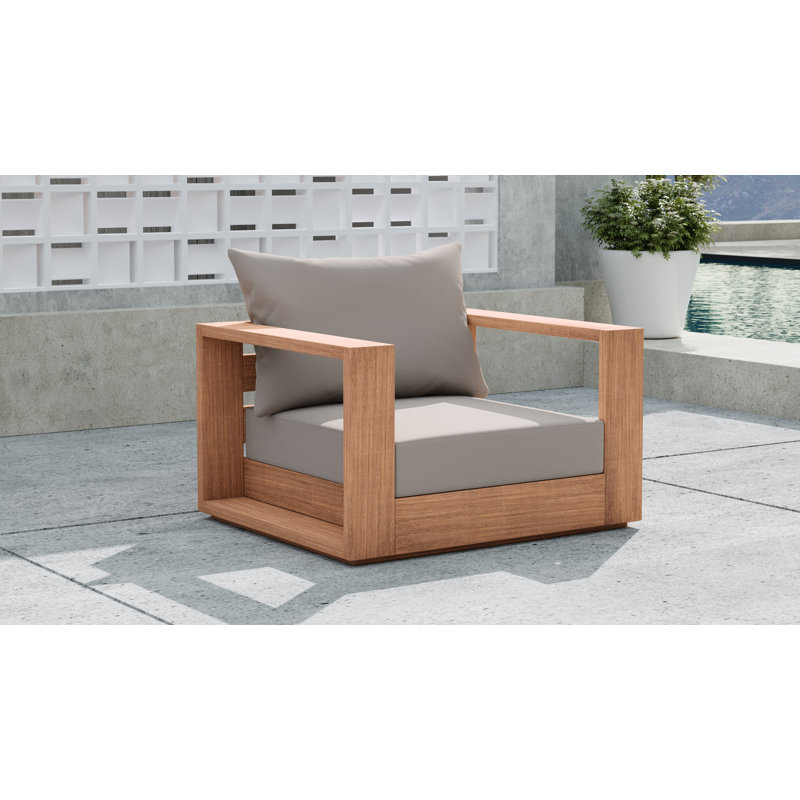 Teak Brown Outdoor Armchair with Gray Cushions