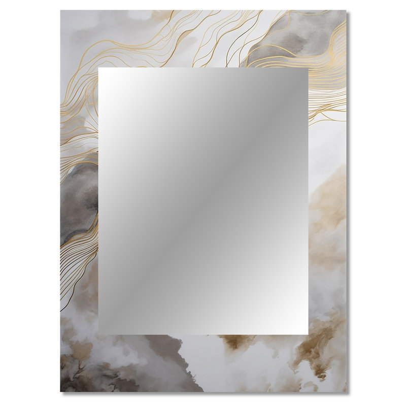 Gold And Grey Abstracted Line Artistry V - Line Art Decorative Wall Mirror, Gold Mirror, Printed Metal Art, 40" x 30"