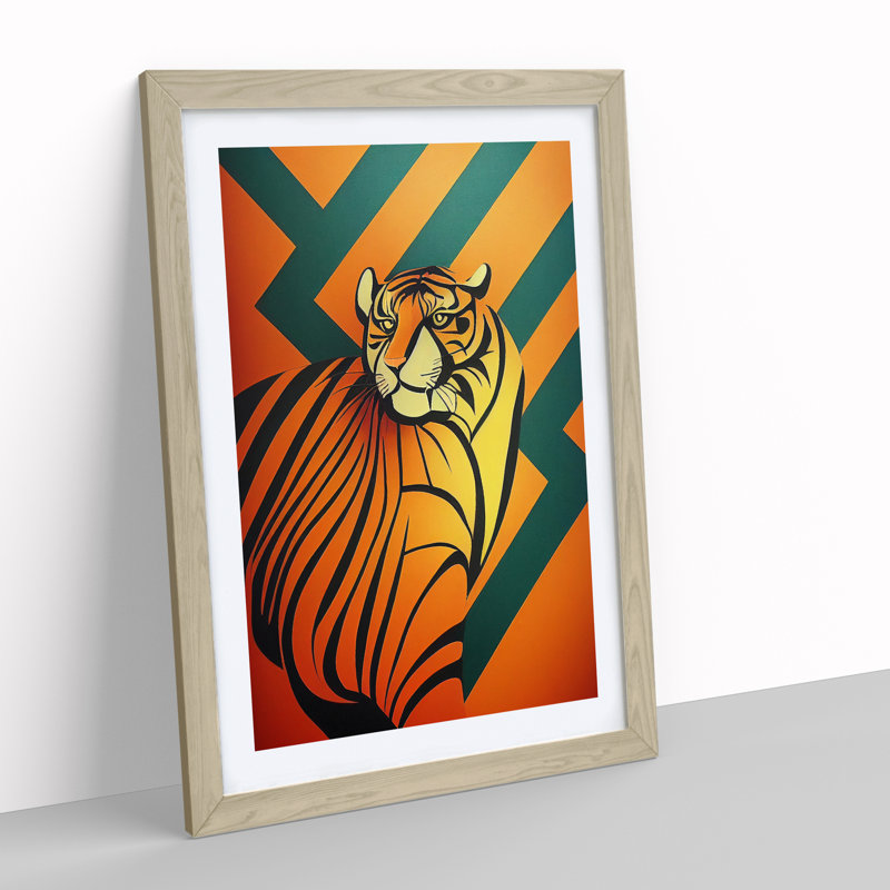 XV1022-3816X Retro Tiger Art - Single Picture Frame Print, 64cm H x 46cm W x 2cm D, Oak