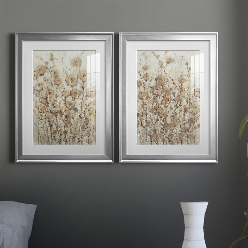 Bordure de jardin I - Encadré sous verre acrylique, ensemble de 2, grande décoration murale pour salon, Cadre argenté