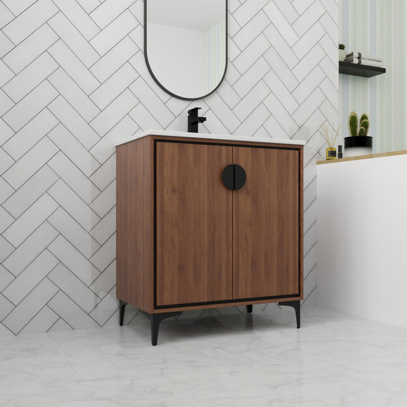 Bathroom Vanity With Ceramic Sink In 30 Inch, Freestanding Bathroom Vanity With Soft Close Door, 30"