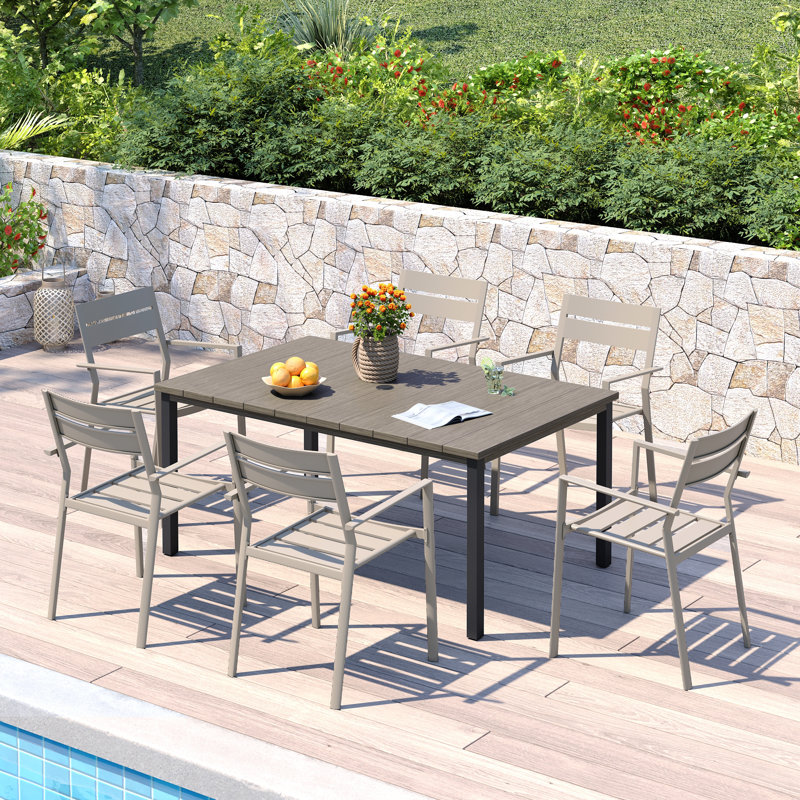 Rectangular Outdoor Dining Set wth 63" Metal Dining Table and 6 Armrest Dining Chairs, Brush Wood Gray/Cream