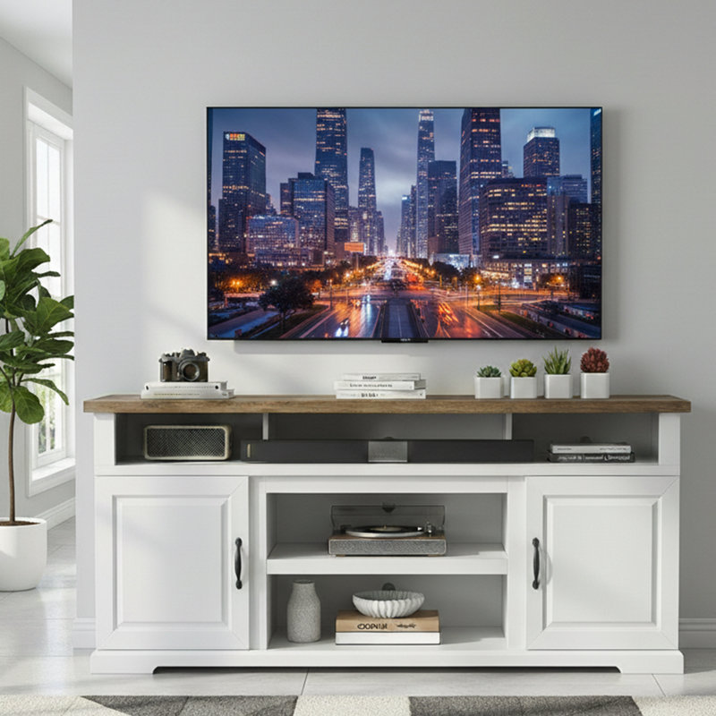 Farmhouse TV Stand For Tvs Up To 85'' With Storage Cabinets, Adjustable Shelves & Built-In Power Outlets, Entertainment Center For Living Room