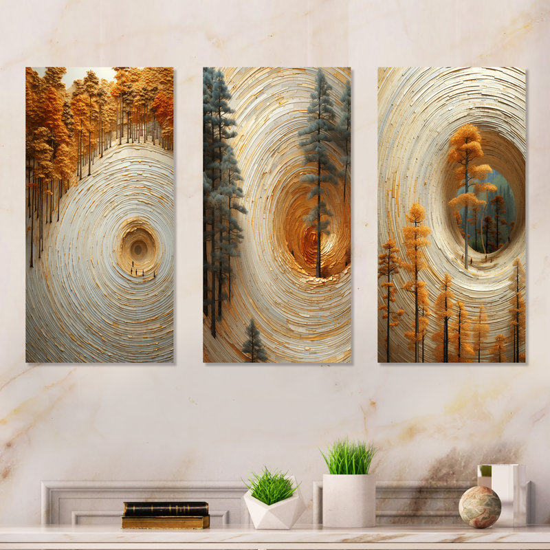 Abstract Pine Tree Spiral Serenity I - Abstract Botanicals Metal Art Print Set Of 3, 28" H x 36" W