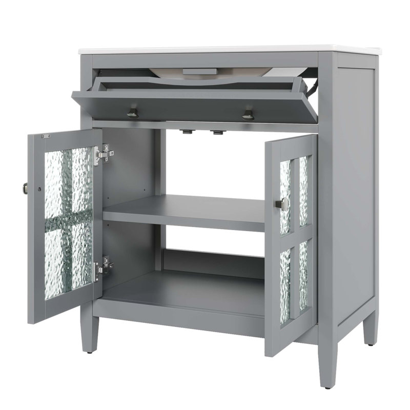 Meuble-lavabo de 30 po avec lavabo en céramique, tablette réglable et plateau basculant, meuble-lavabo avec pieds en bois massif, poignées en métal et charnières à fermeture en douceur