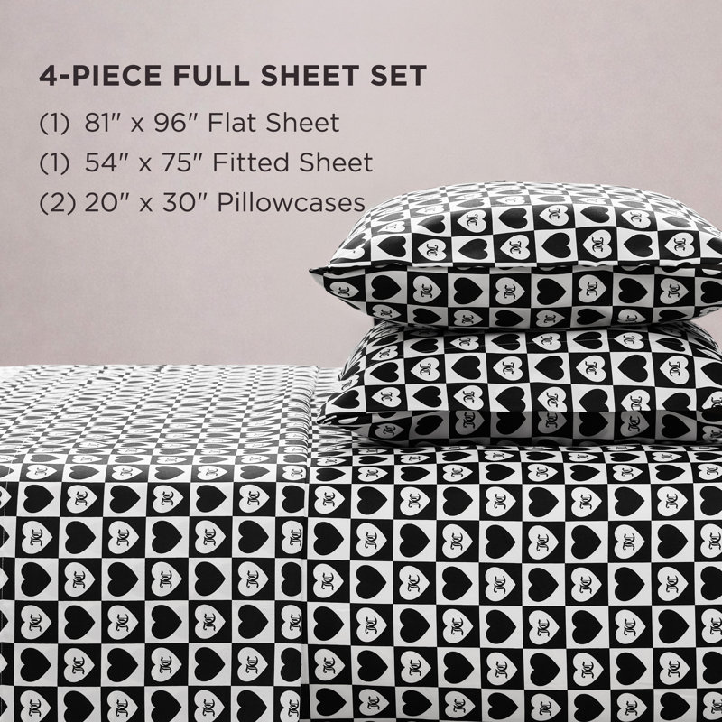 Juicy Couture Printed Microfiber Sheet Set, Full / Double, Logo Checkerboard Heart