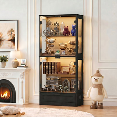 4-tier Curio Cabinet Display Case With 3 Color Lights For Collectibles, Display Cabinet With Glass Door