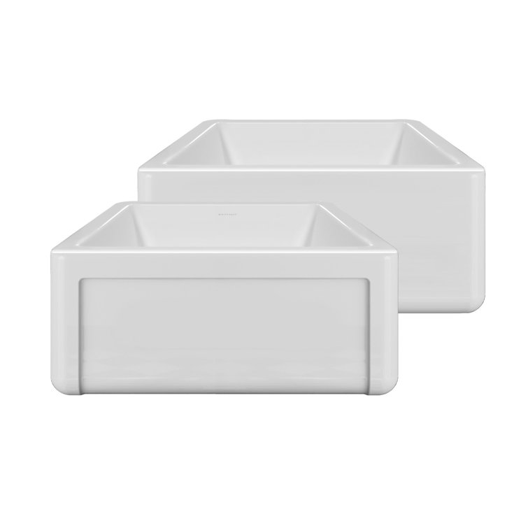 Whitehaus Collection Reversible Fireclay Kitchen Sink with Grid: Three Edge Frame, Plain Front Apron