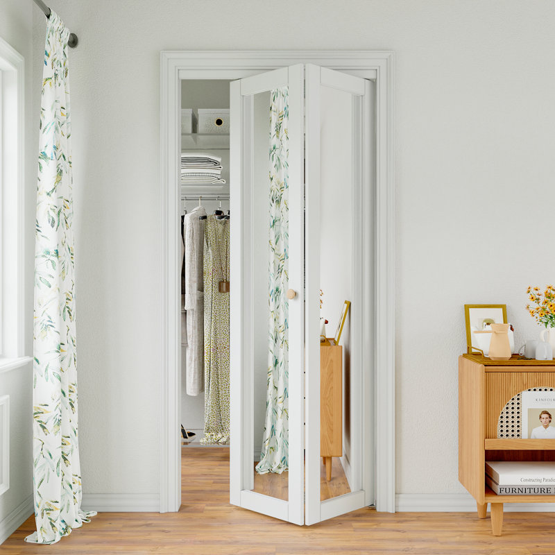 Mirrored Glass White Primed Solid Core Bi-Fold Closet Door With Hardware Kit, 36" x 80.6"