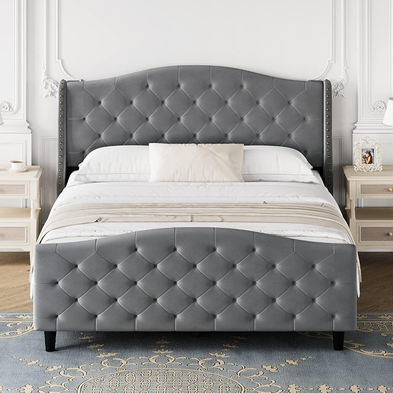 2 pièces, grand lit tapissier capitonné arqué, cadre rembourré en velours avec support robuste, gris