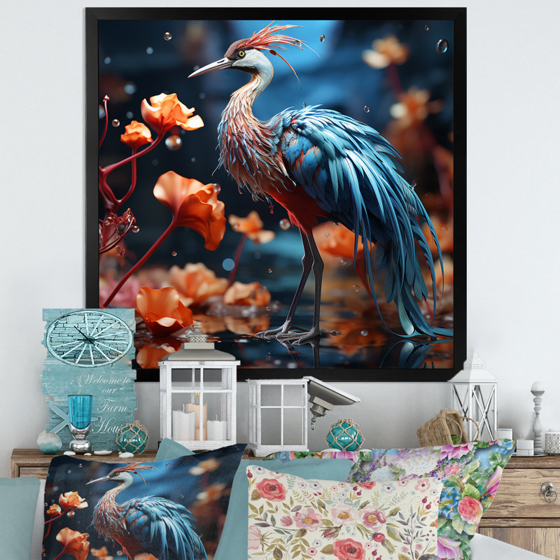 «Watery Blues Heron - Bird Wall Art Living Room», H 16 po x l 16 po x P 1 po, Cadre simple noir