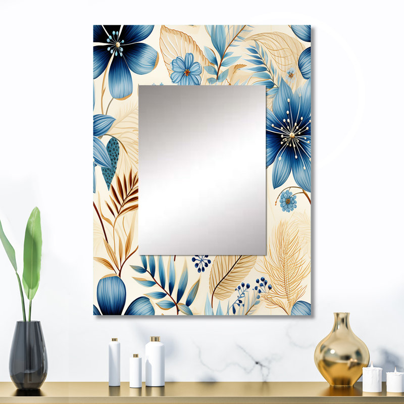 Fleurs d'hibiscus blanc / bleu Bowline - miroir mural décoratif floral, grand miroir floral, impression d'art en métal