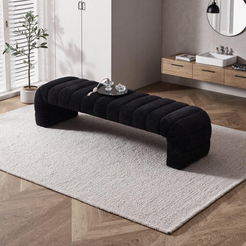 70" Wide Modern Upholstered Daybed Bench With Channel Tufting – Chenille Chaise & Foot Stool For Bedroom Or Living Room