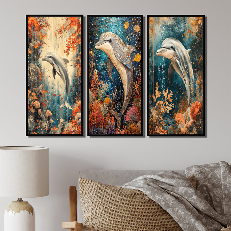 Danse du dauphin au-dessus d'un corail I - Collection de décorations murales modernes, H 32 po x l 48 po, Noir