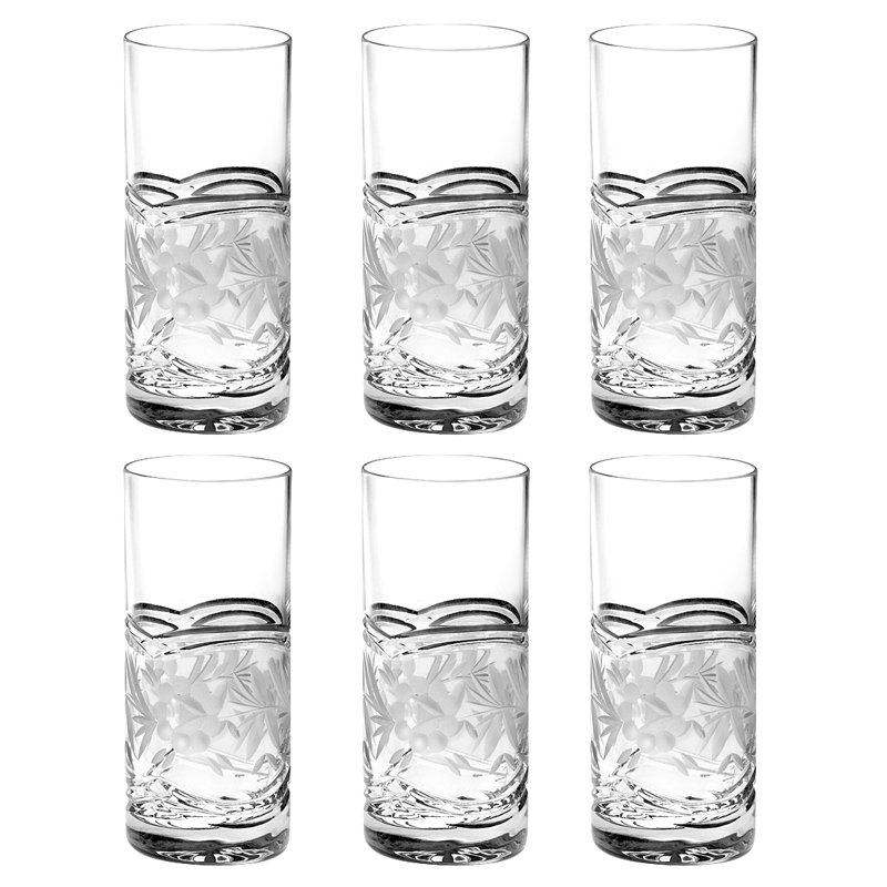 Floral Etched Clear Crystal 16oz Highball Glass Set of 6
