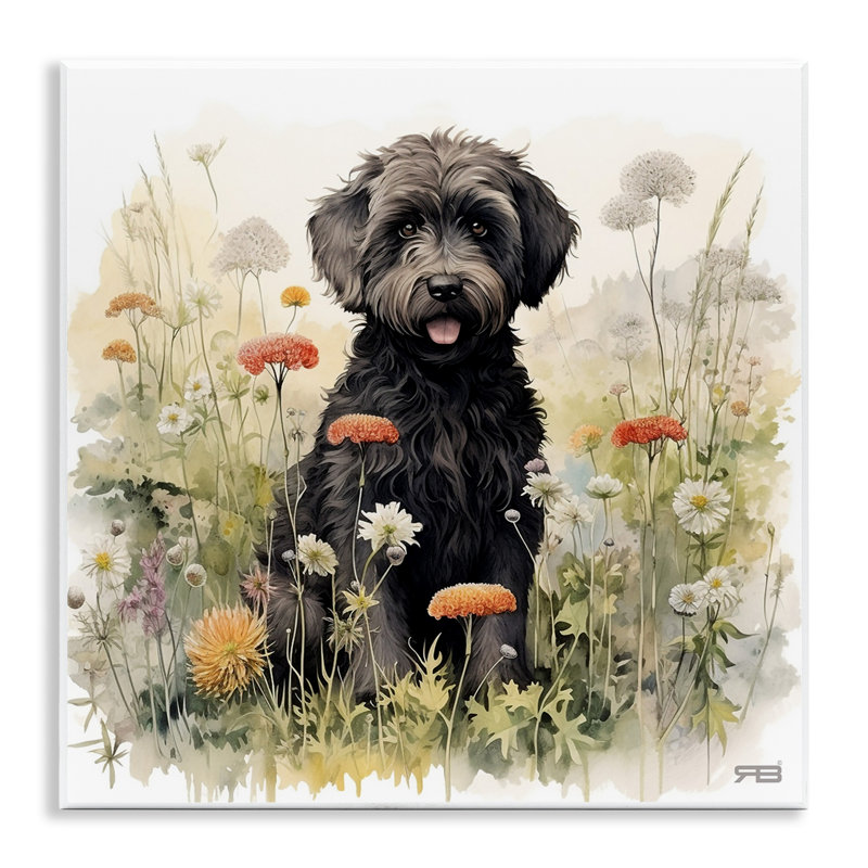«Black Terrier in Meadow», art mural sur bois par Roozbeh Bahramali