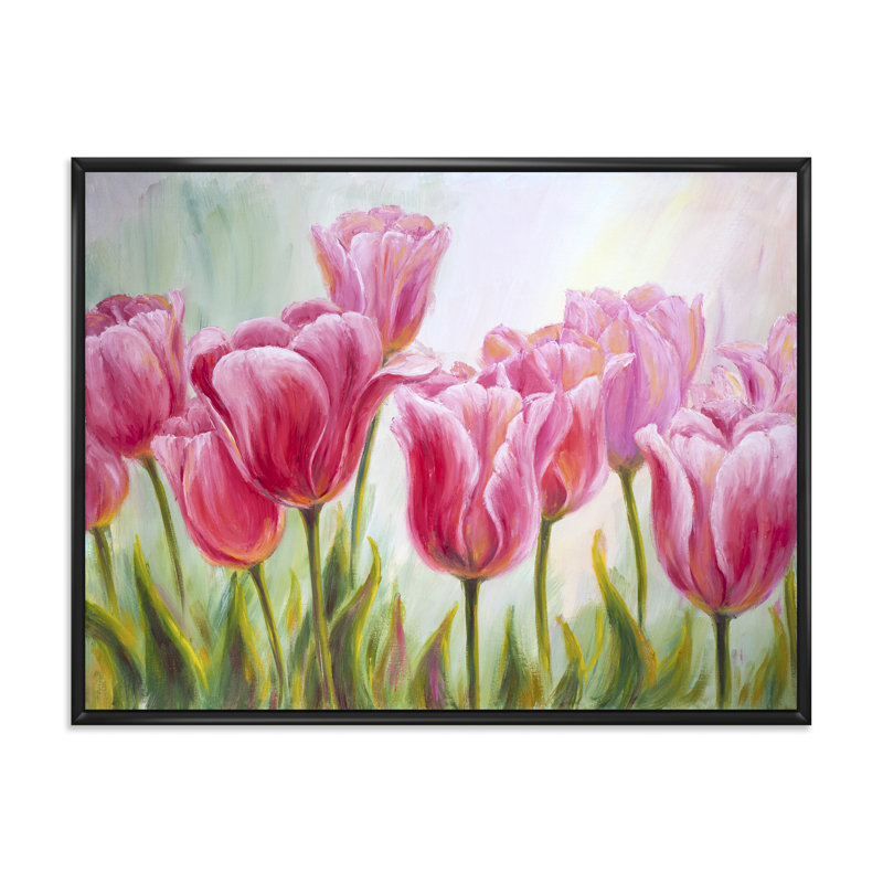 Tulipes, fleurs, peinture sur toile, H 16 po x l 32 po x p 1 po, Cadre flottant noir