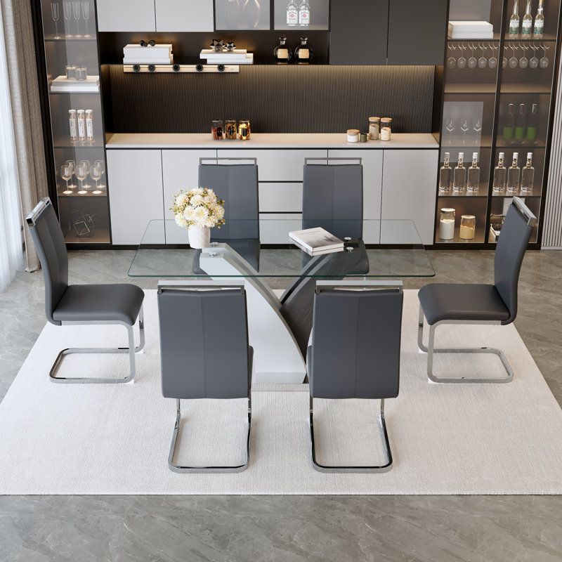 Aurelia Modern 63" Tempered Glass Dining Set - PU Leather Chairs with Chrome Cantilever Base, Drak Gray/Silver