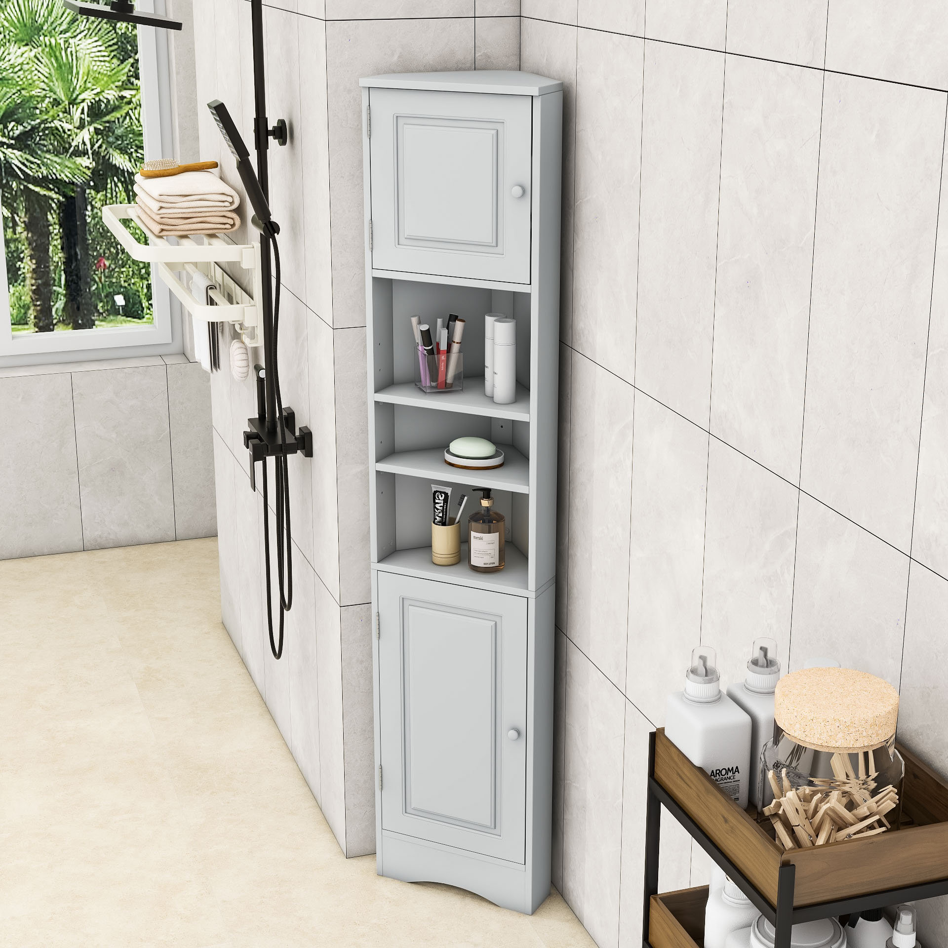 Vanbrunt Tall Freestanding Bathroom Corner Cabinet with Adjustable Shelves and Groove Pattern Doors Lark Manor Finish: Gray, image size:1920x1920