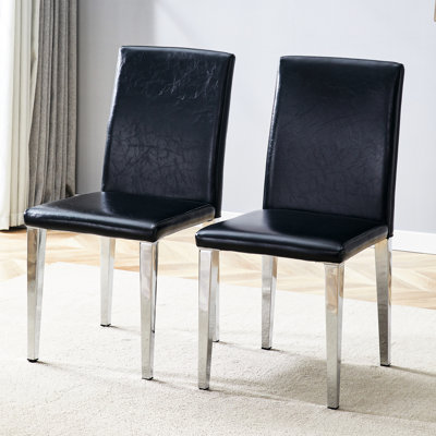 Chaises de salle à manger en polyuréthane noir avec pieds en métal argenté de 2, conception simple et confort, coussin à haute élasticité, structure stable à deux pieds, polyvalent pour la décoration intérieure, éponge de siège confortable, antirouille