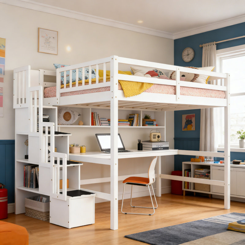 Full Size Solid Wood Loft Bed With Built-In Desk, Bookshelves And Storage Staircase, White