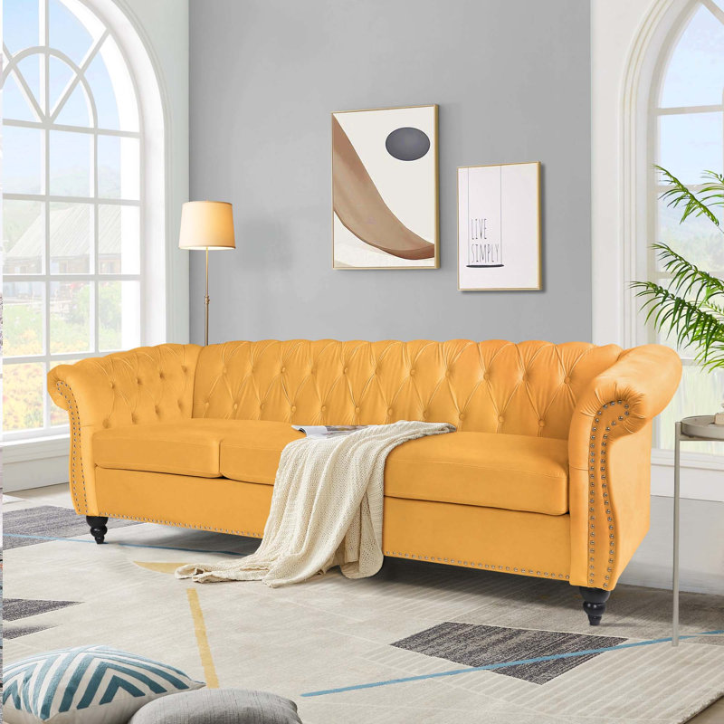 Canapé en velours rembourré 83,85 po Jemotte, Velours jaune