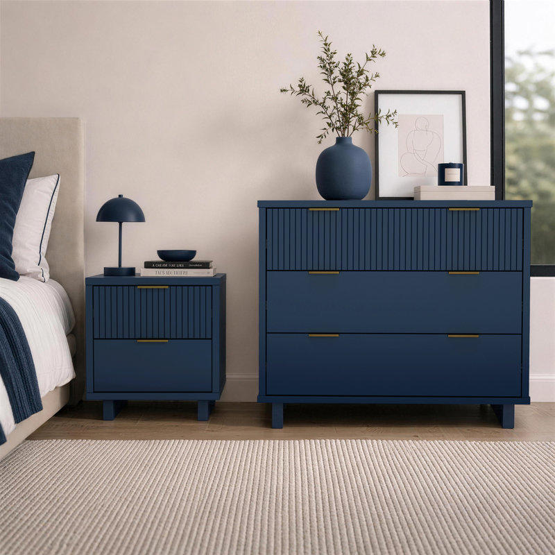 Elara 2-Piece Contemporary Dresser and Nightstand Bedroom Set in Black, Midnight Blue