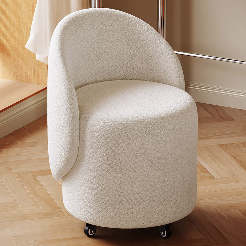 Cream White Vanity Stool With Backrest And Smooth-rolling Wheels For Easy Mobility