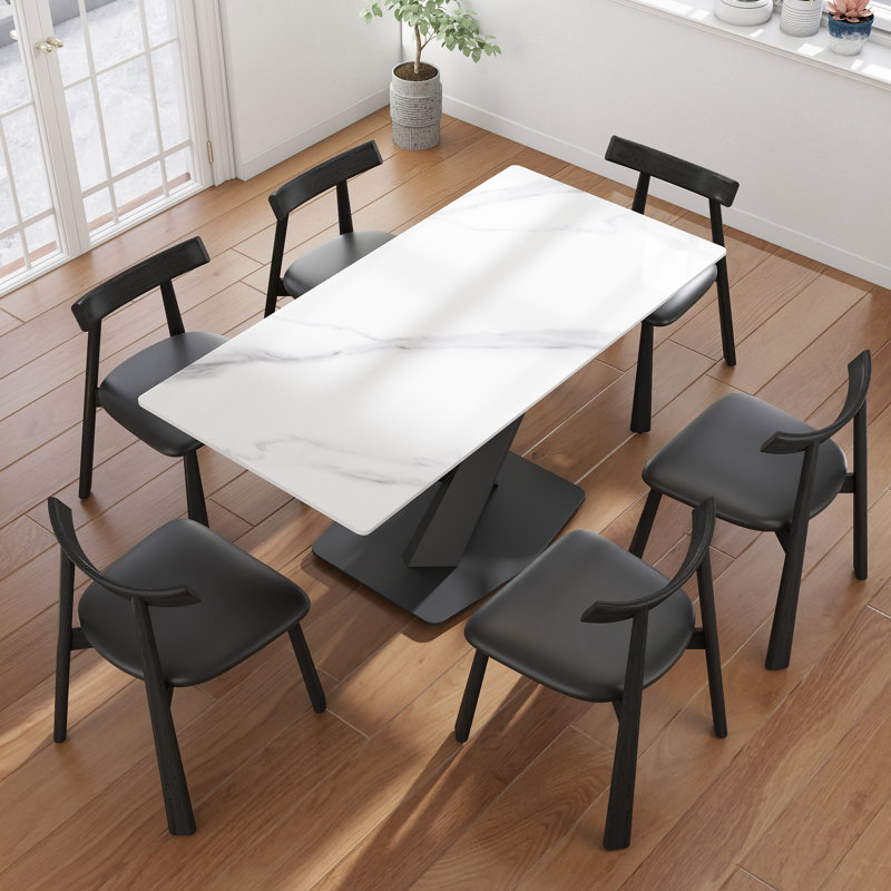 Ensemble de table de salle à manger 7 pièces 7 pièces avec 6 chaises en similicuir, Noir, Blanc neige