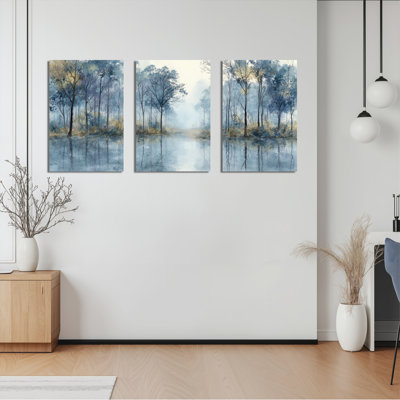 Watercolor Forest Lake Landscape Canvas Wrapped Wall Art Oil Painting Print Set Of 3 For Living Room Bedroom Home Decor