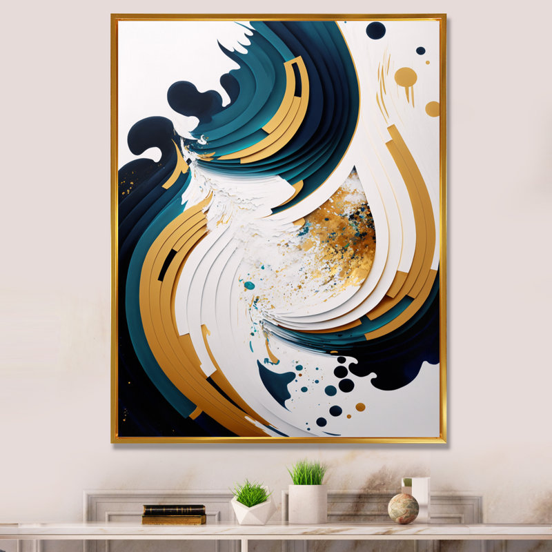 «Blue and Gold Modern Abstract VII», reproduction sur toile, H 40 po x l 30 po x P 30 po, Toile à cadre flottant doré