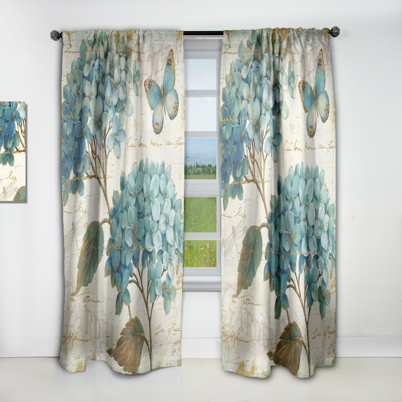 butterfly Blue Garden I - Floral Farmhouse Blackout Curtain Single Panel, 52" W x 95" L