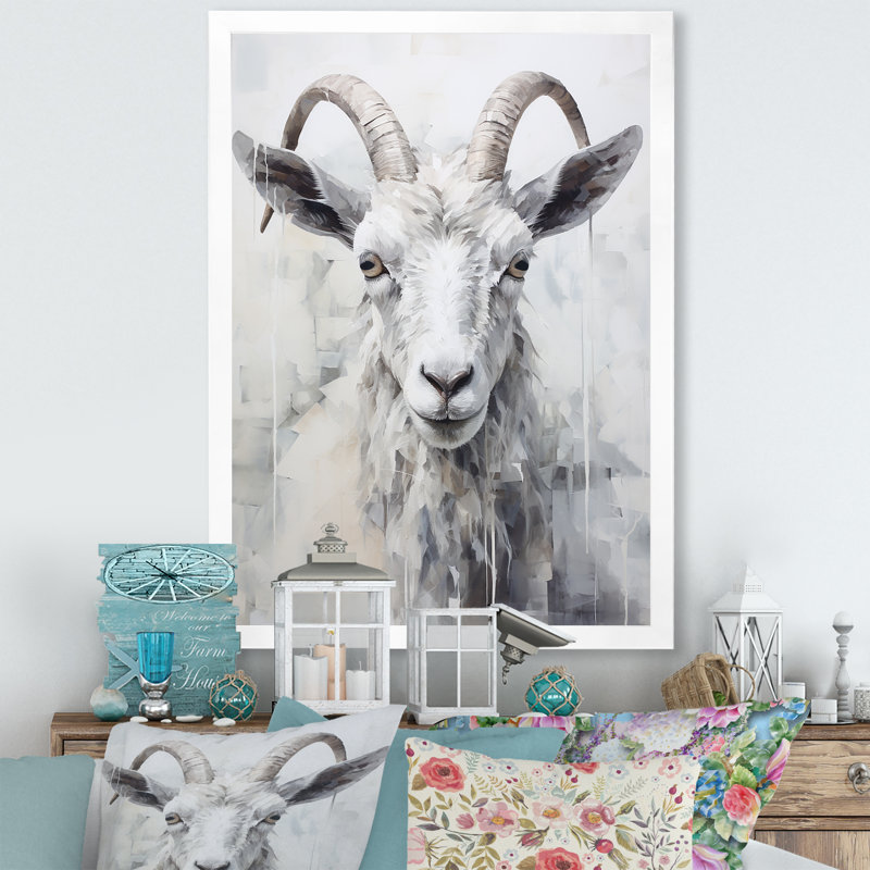 Dos et chèvre blanche sur toile, Cadre simple blanc, H 44 po x l 34 po x P 1,5 po