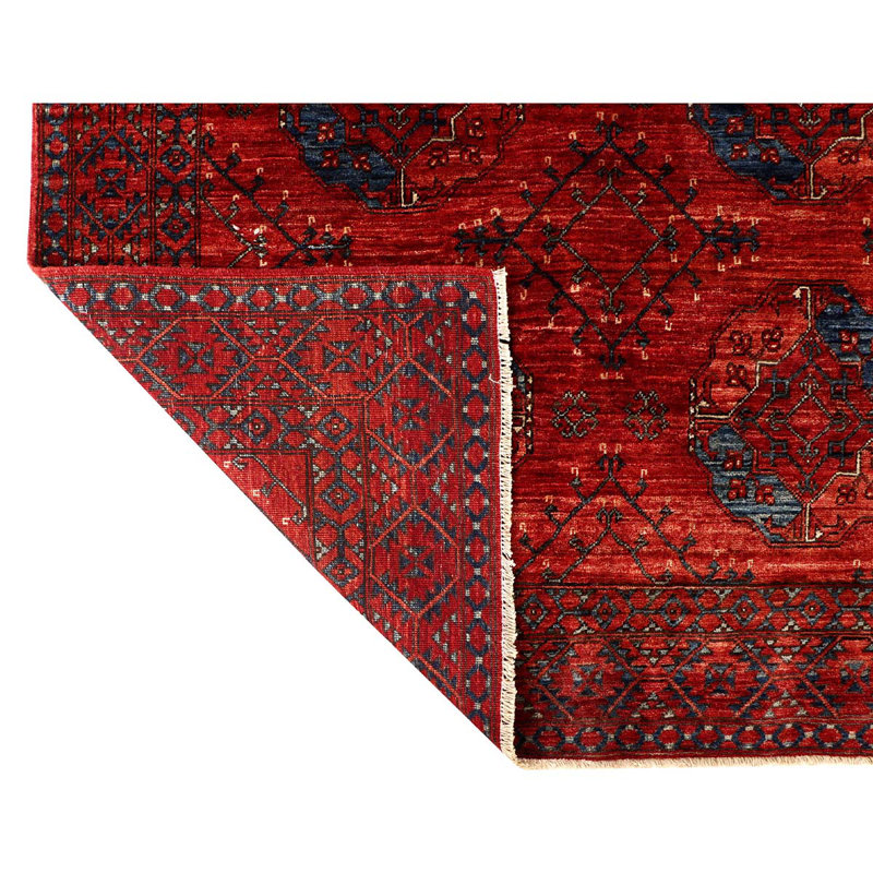 Tapis rouge / rouille / bleu marine noué à la main de haute qualité et unique