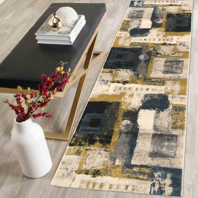 Elegant Hall Carpet Runner, 2.6 x 9.8 Feet | 100% Polypropylene, 1.0 inch Pile Height | Soft and Durable, Vacuum Cleaner Friendly | Stylish Beige, Grey, Mustard, Navy Blue & Black Design | Ideal for Entryways & Corridors