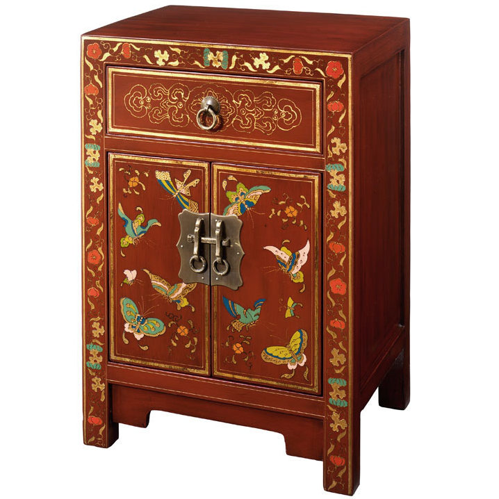 Hangzhou 40cm W Solid Wood Bedside Table, Red Lacquer