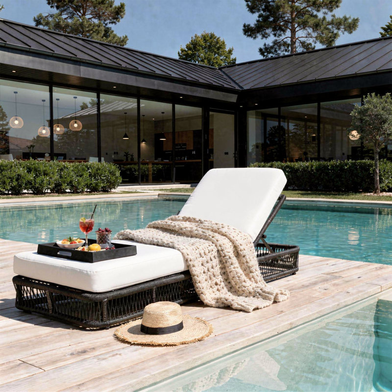 Chaise longue de piscine réglable à l'arrière, corde tissée et structure en fer avec coussin épais, chaise longue d'extérieur pour la piscine, la plage et la cour