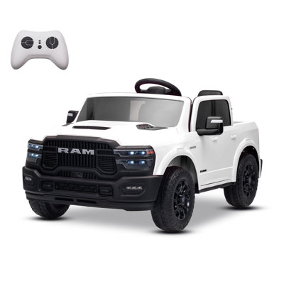 Camion électrique pour enfants Kerry Yoo SQ7 24V RAM 2500, camionnette 2 places avec rangement pour lit, télécommande, ceinture de sécurité et musique - blanc